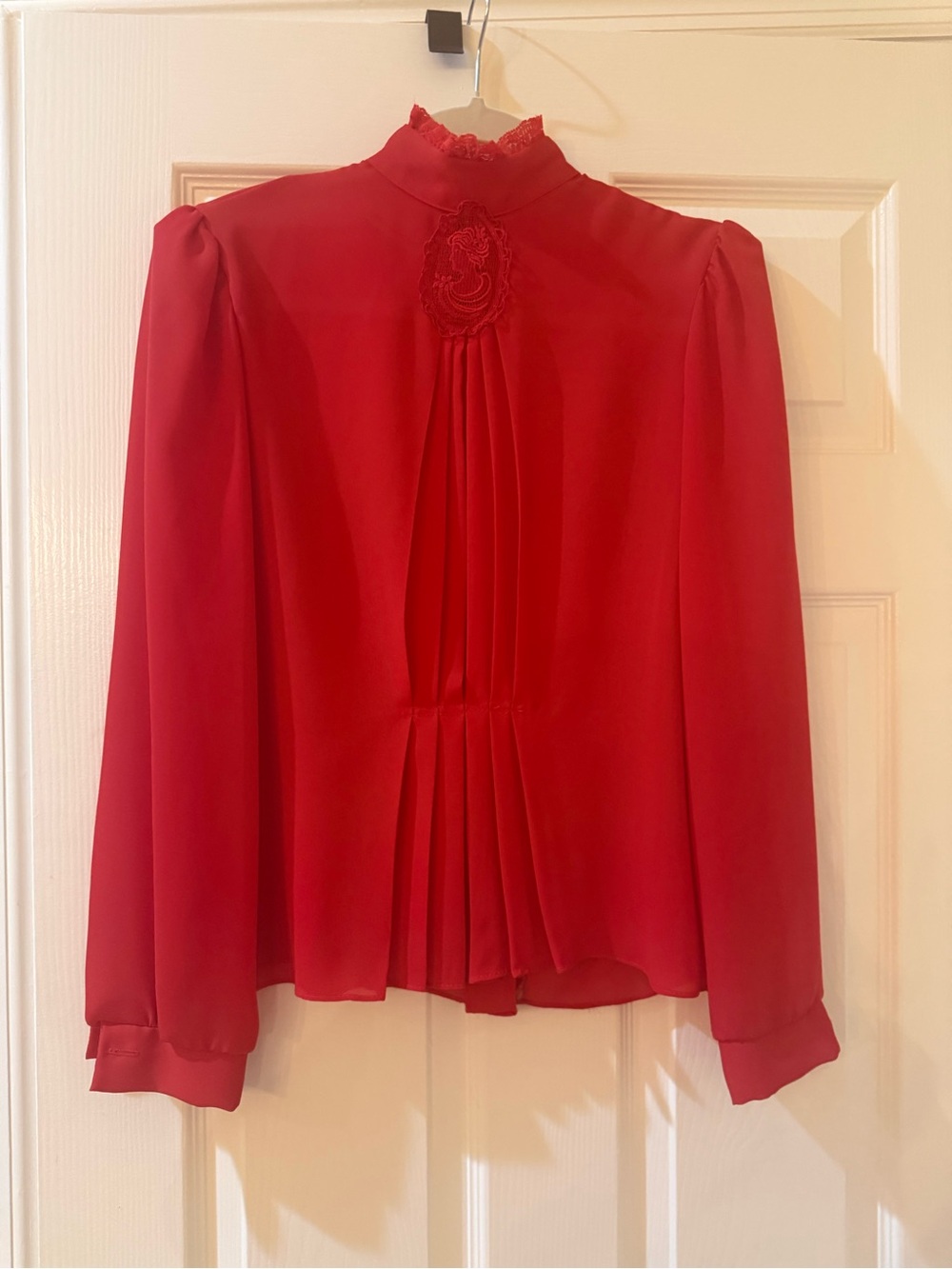 Vintage David Benjamin High-Neck Red Pleated Victorian Blouse w/ Lace Medallion